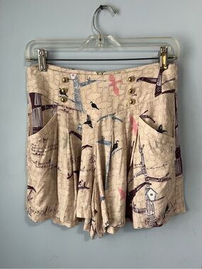Antix Cream Bird Printed High Waist Pleated Relaxed Fit Shorts Pockets Size S